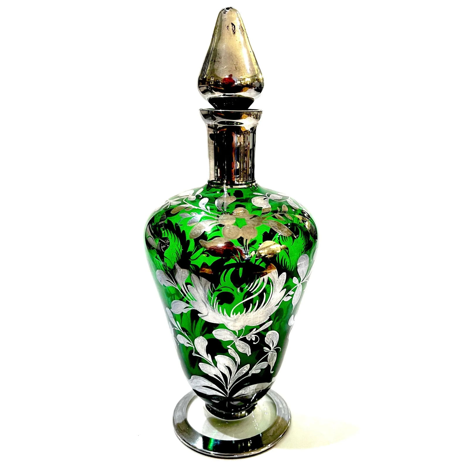 Decanter Pair - Bohemian Green Glass With Sterling Silver Overlay - Early 20th Century - 7