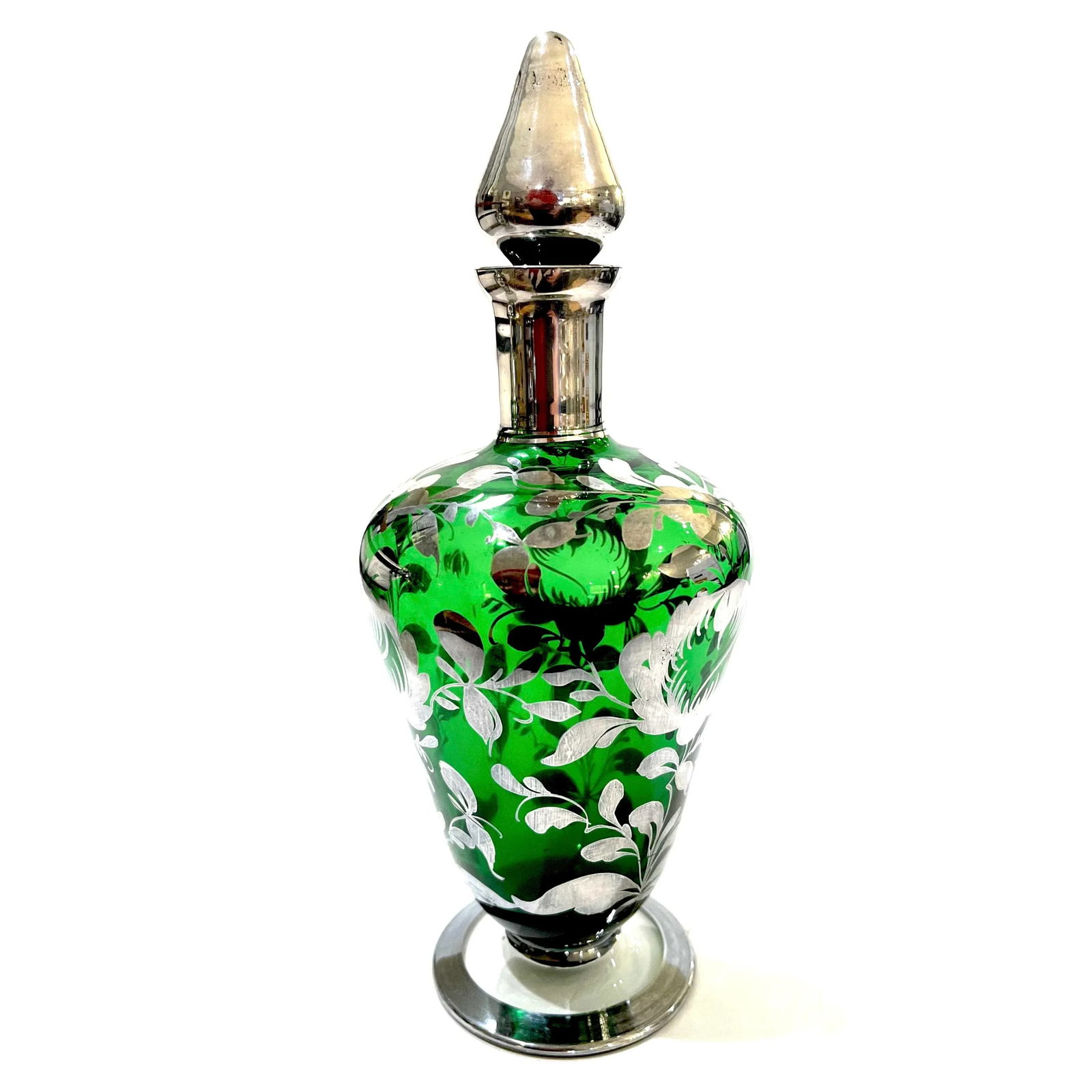 Decanter Pair - Bohemian Green Glass With Sterling Silver Overlay - Early 20th Century - 8