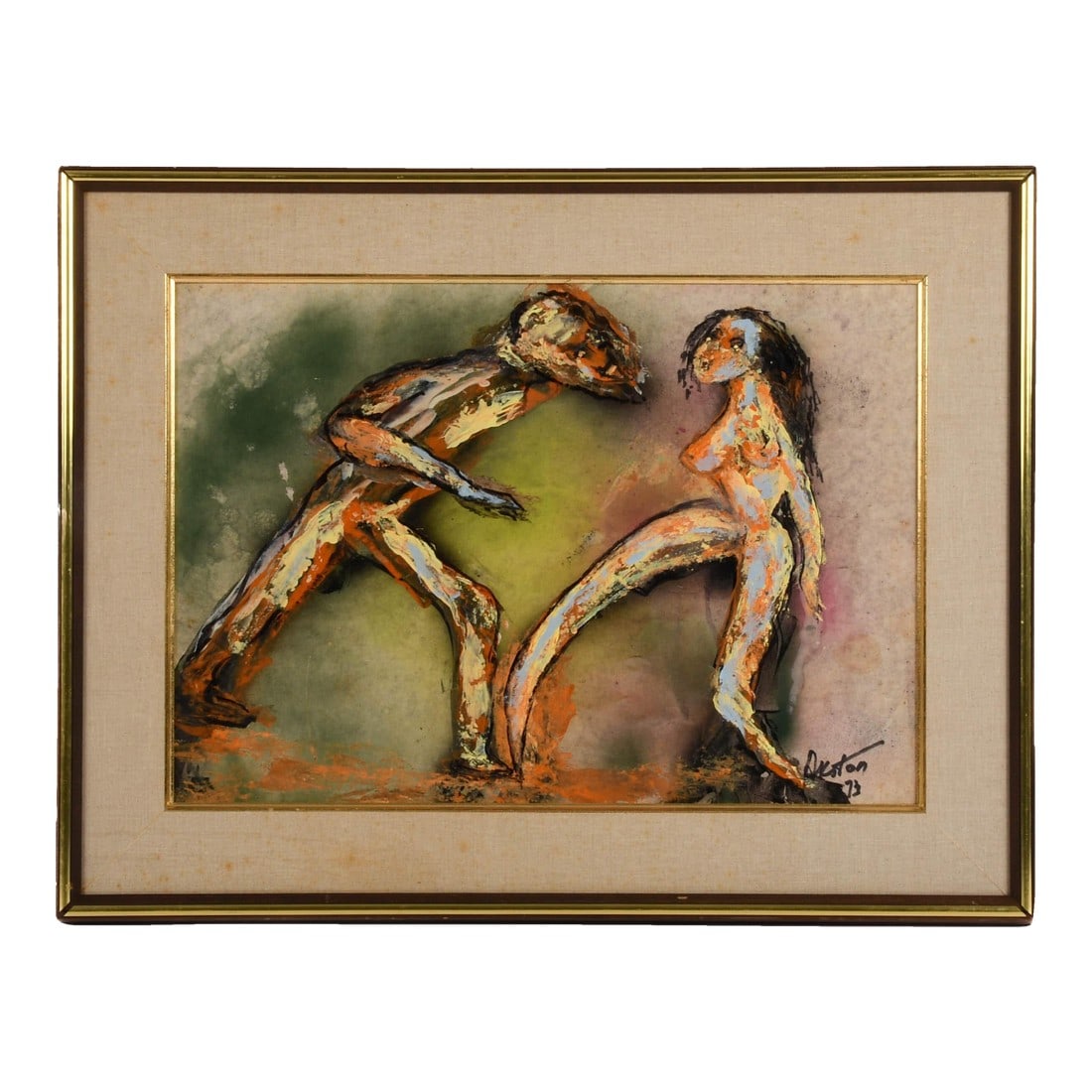 Framed Signed J. Akston "Bloody Mary, 1973" Mixed Media on Board: J. Akston's "Bloody Mary, 1973" is a gripping clash of form and emotion--two figures carved from a storm of pigment and tension, locked in a moment of charged ambiguity. Rendered in expressive mixed