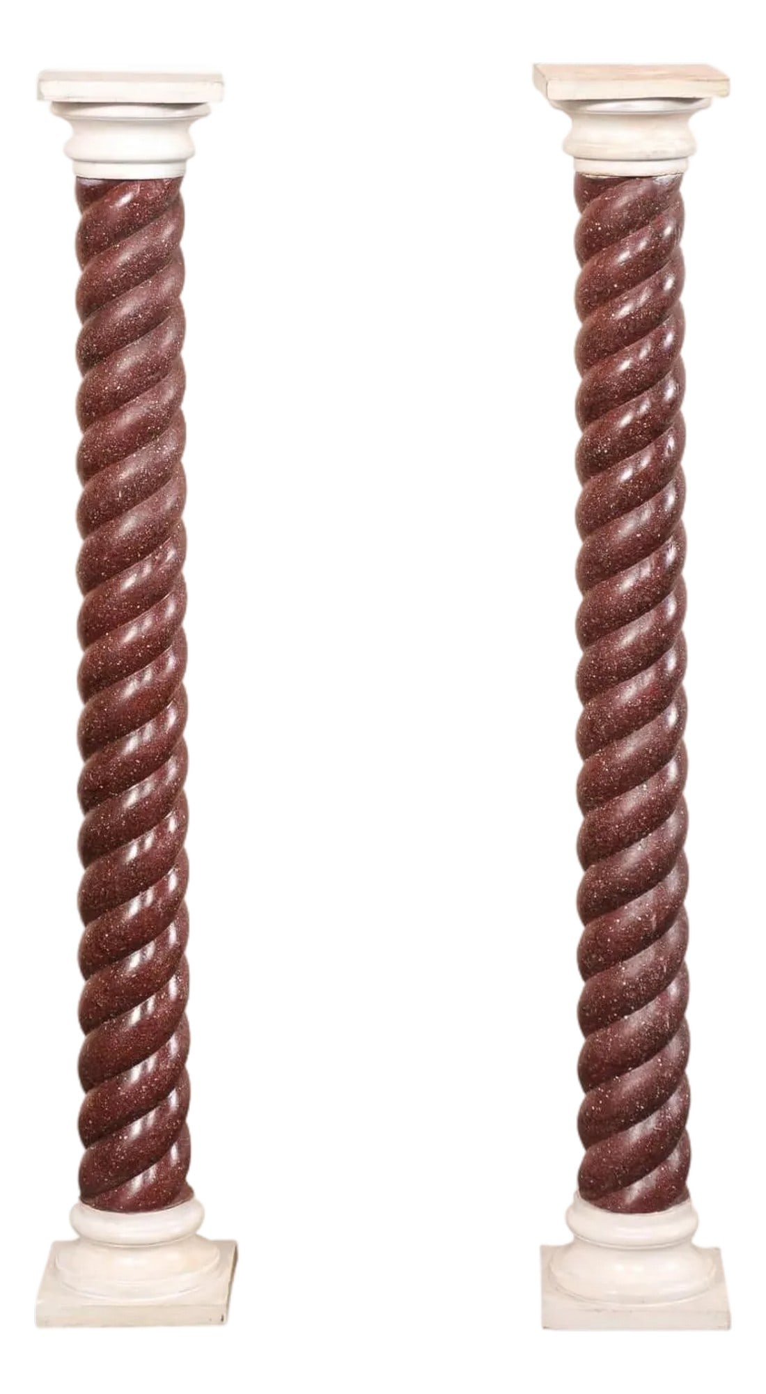 Early 20th Century Italian Pair Faux-Porphyry Twist Pedestals: An Italian pair of barley twist columns with faux-painted porphyry, from the early 20th century. This antique pair of pedestals from Italy each feature barely-twist bodies which have been hand-painted