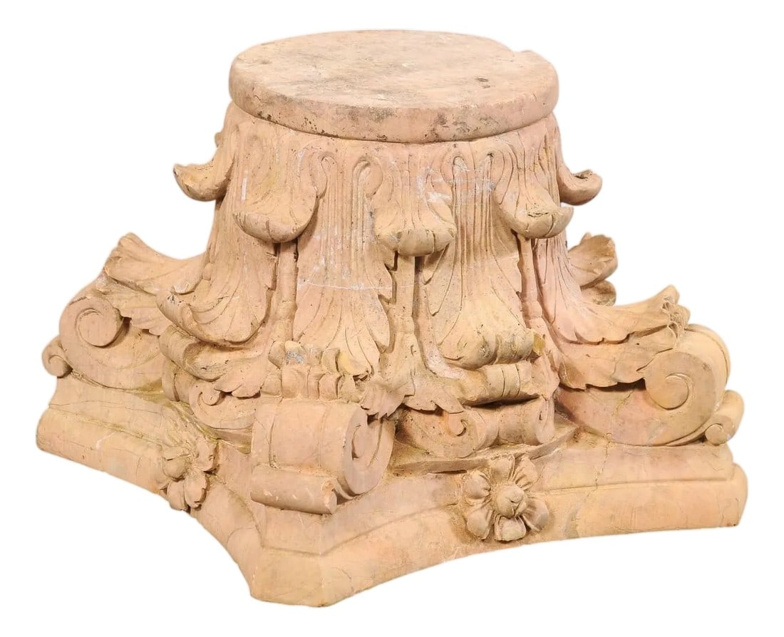 Spanish Hand-Carved Sandstone Pedestal Base: A Spanish carved-sandstone pedestal or column base. This vintage architectural stone column base from Spain, standing approximately 16.5 inches in height, has been hand-carved and features a flat, rou