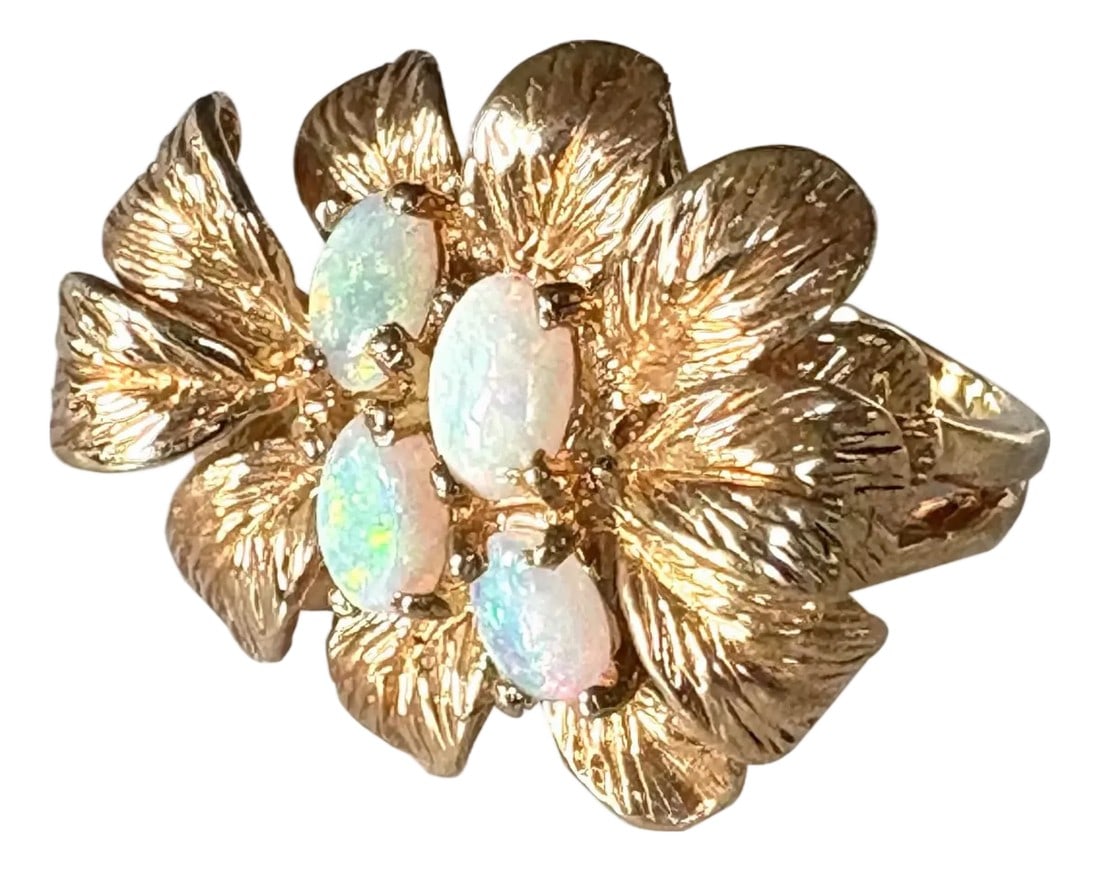 Vintage 1950s 18 Karat Gold Panetta Cocktail Ring Over Sterling Silver - Leaf Motif With Opals: Gorgeous, never worn, 1950s Panetta cocktail ring. 18 kt gold over sterling silver with opals. Never worn. Comes with original velvet box and is stamped with makers mark. Size 6.25. Panetta jewelry