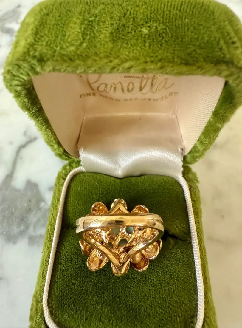 Vintage 1950s 18 Karat Gold Panetta Cocktail Ring Over Sterling Silver - Leaf Motif With Opals - 3