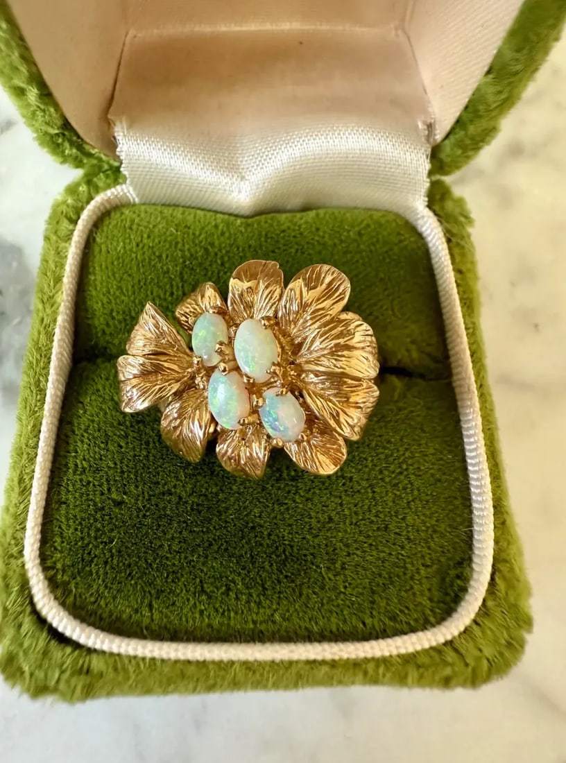 Vintage 1950s 18 Karat Gold Panetta Cocktail Ring Over Sterling Silver - Leaf Motif With Opals - 5