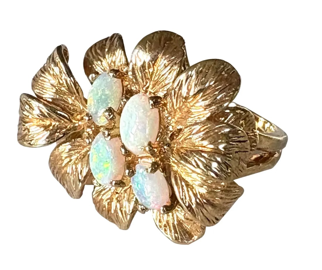 Vintage 1950s 18 Karat Gold Panetta Cocktail Ring Over Sterling Silver - Leaf Motif With Opals - 6