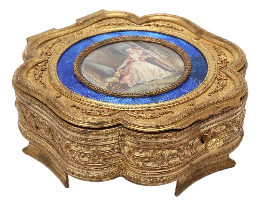 19thC French Signed Volliers Bronze Jewelry Box Enamel Velvet: Date/Period: 19th Century Maker/Brand: Signed by Volliers Style: French Antique, Neoclassical Revival influence Color: Gilded bronze with multicolor enamel & painted medallion Material: Bronze,