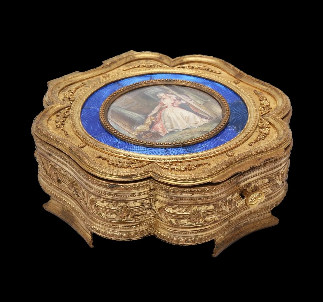 19thC French Signed Volliers Bronze Jewelry Box Enamel Velvet - 4