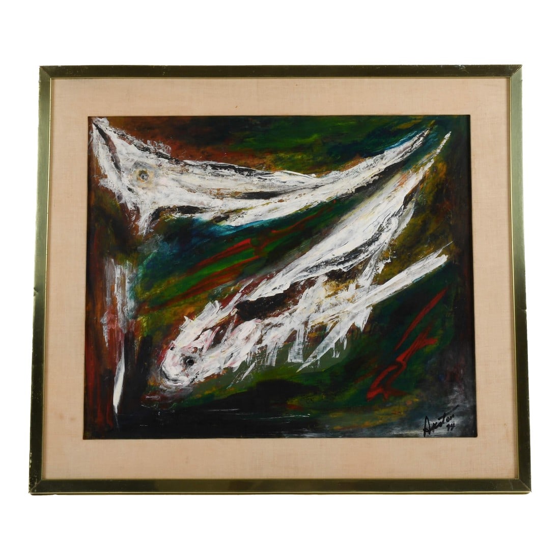 Framed J. Akston Untitled 1974 Acrylic on Board: This Framed J. Akston Untitled 1974 Acrylic on Board features dynamic strokes of white that surge across a multicolor background, seeming to portray abstract forms in motion. Thick applications of