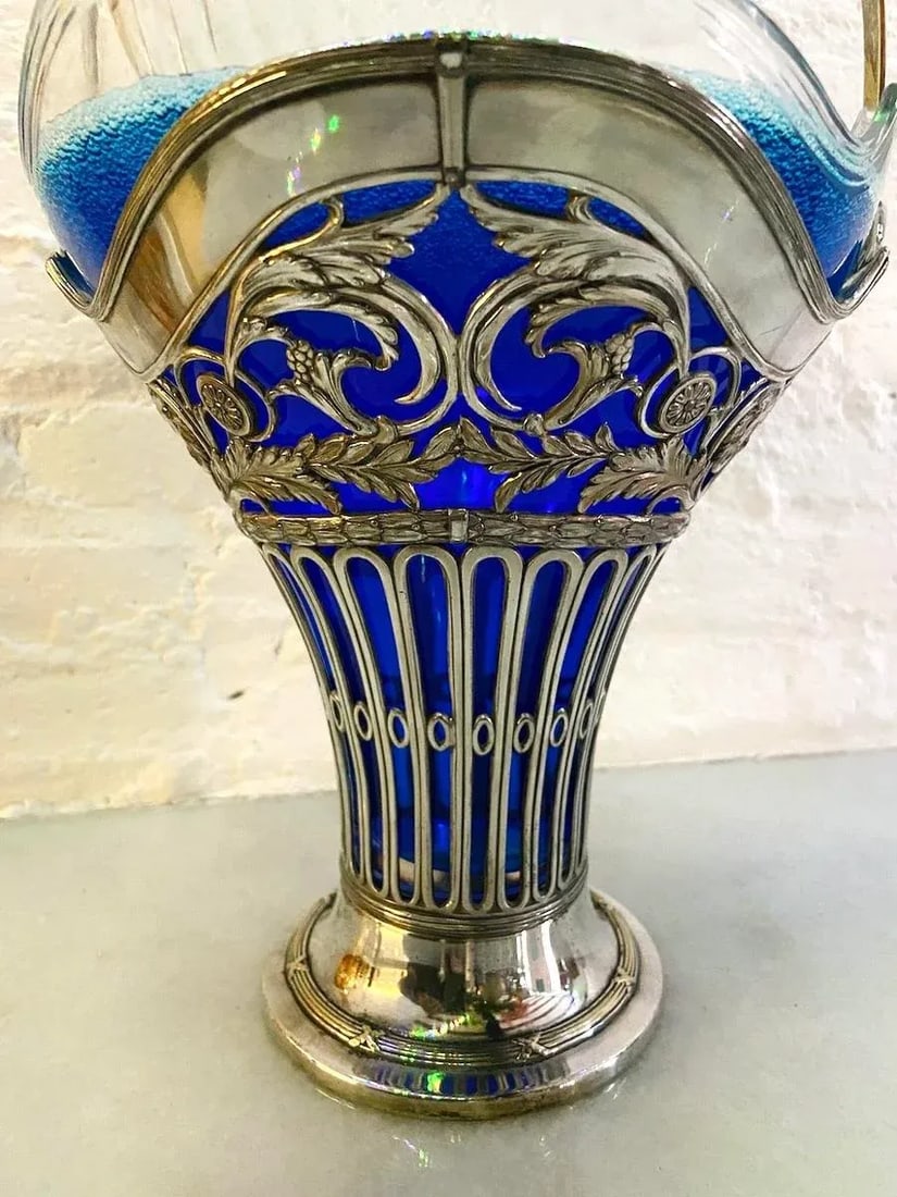 19thC Silver Plate Flower Basket W/Glass Insert - Antique - 11