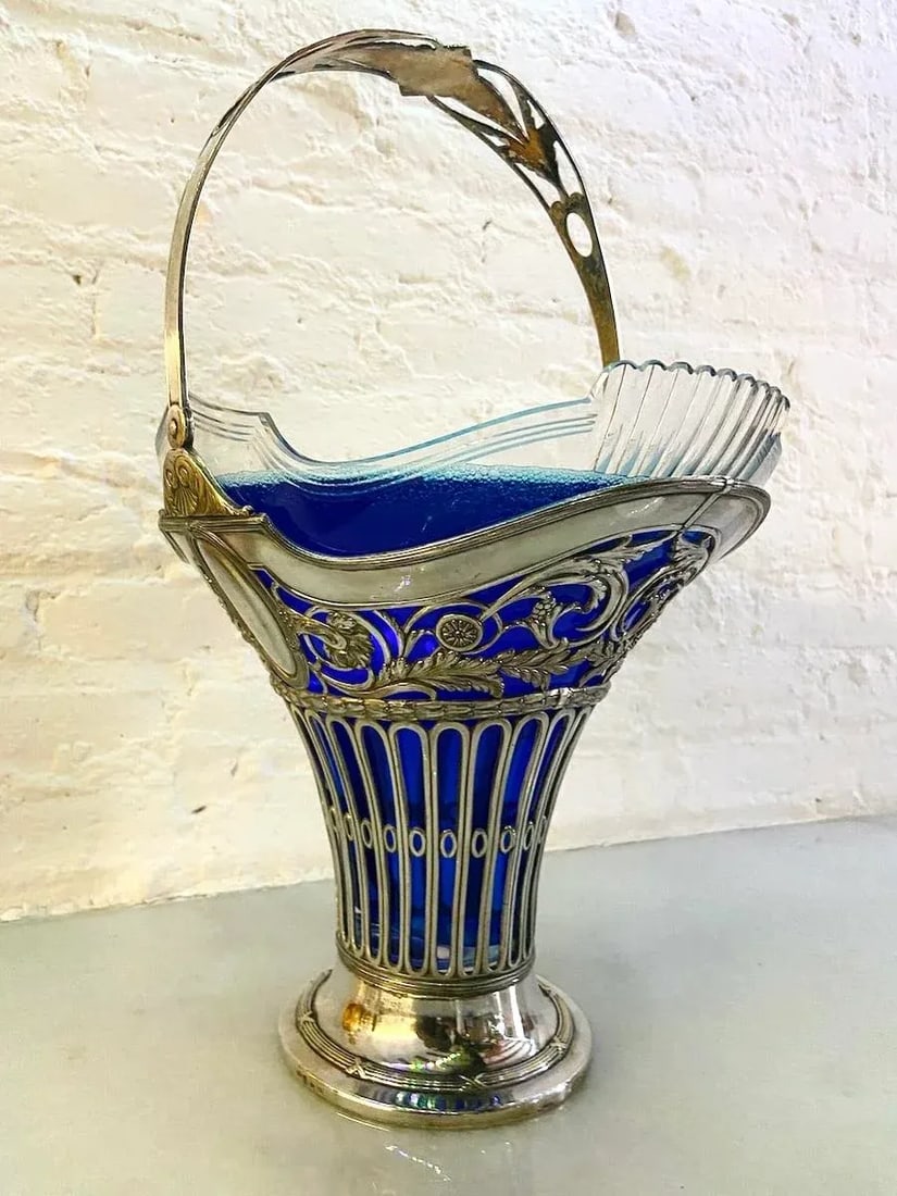 19thC Silver Plate Flower Basket W/Glass Insert - Antique - 12