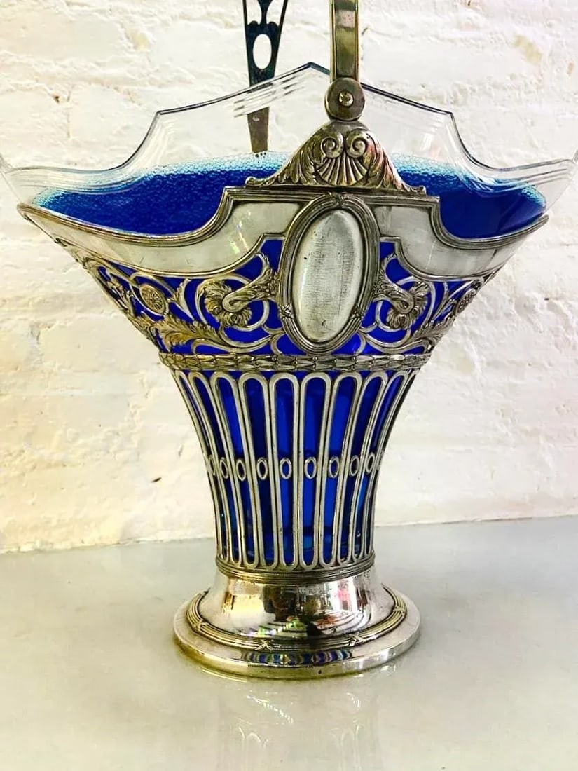 19thC Silver Plate Flower Basket W/Glass Insert - Antique - 15