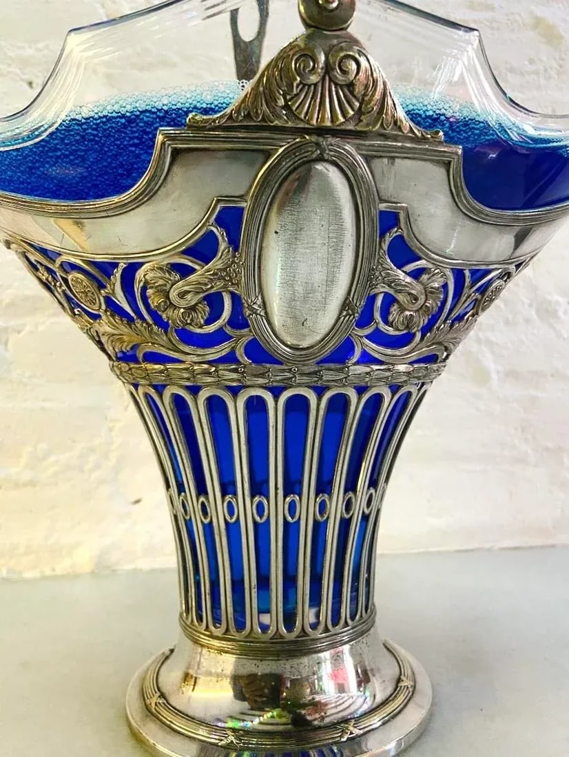 19thC Silver Plate Flower Basket W/Glass Insert - Antique - 18