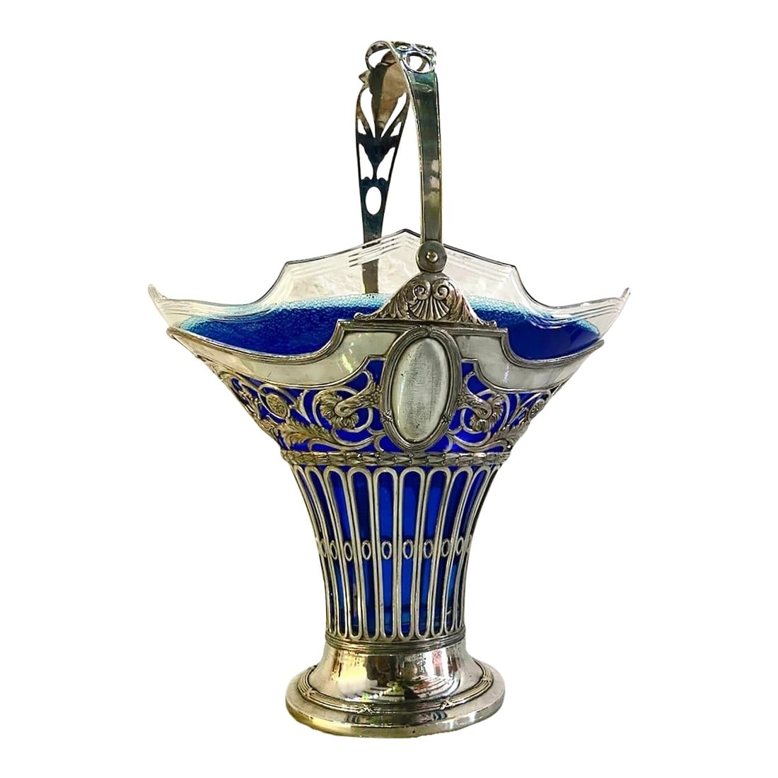 19thC Silver Plate Flower Basket W/Glass Insert - Antique: Date/Period: 19th Century Maker/Brand: European, stamped with four marks at base Style: Victorian Decorative Arts / Neoclassical Influence Color: Silver with Clear Glass Insert Material: Silver Plate