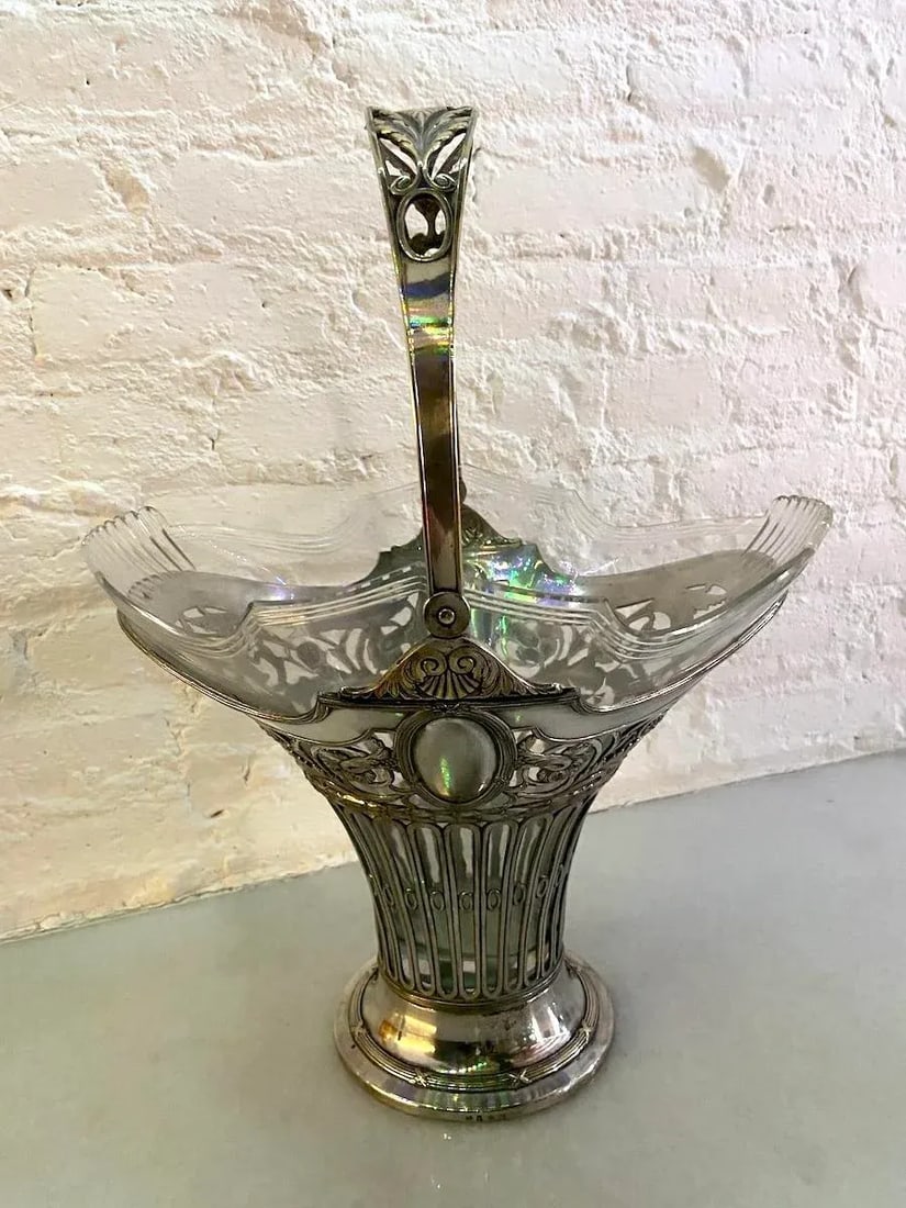 19thC Silver Plate Flower Basket W/Glass Insert - Antique - 2