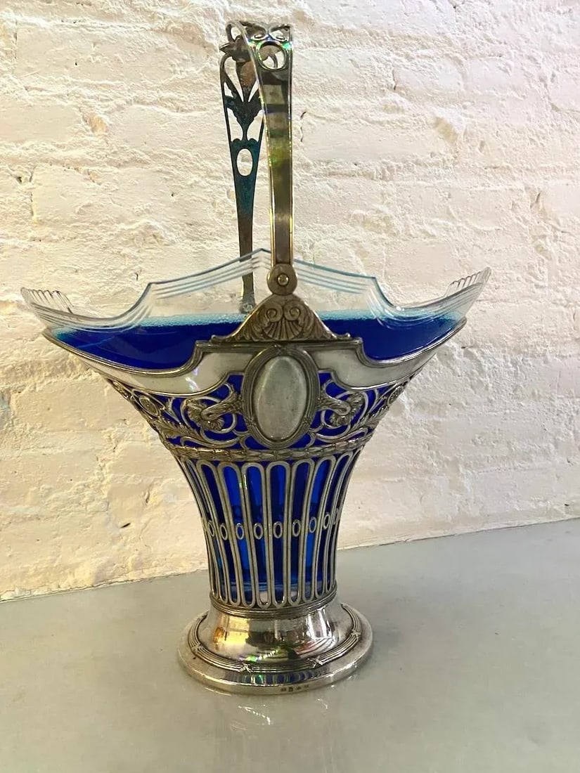 19thC Silver Plate Flower Basket W/Glass Insert - Antique - 3