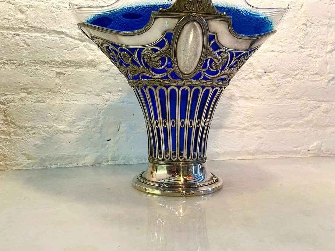 19thC Silver Plate Flower Basket W/Glass Insert - Antique - 4