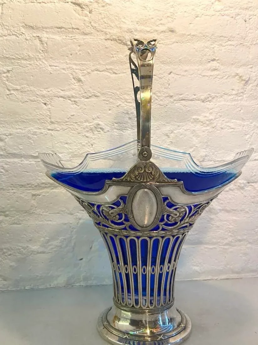 19thC Silver Plate Flower Basket W/Glass Insert - Antique - 6