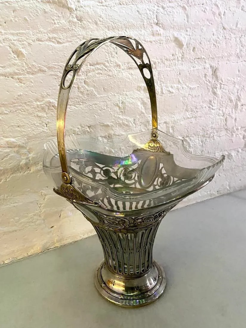 19thC Silver Plate Flower Basket W/Glass Insert - Antique - 7