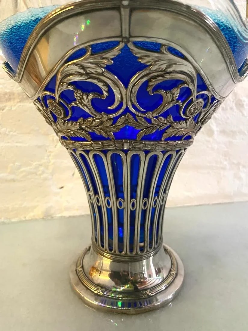 19thC Silver Plate Flower Basket W/Glass Insert - Antique - 8