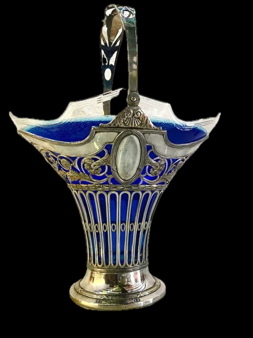 19thC Silver Plate Flower Basket W/Glass Insert - Antique - 9