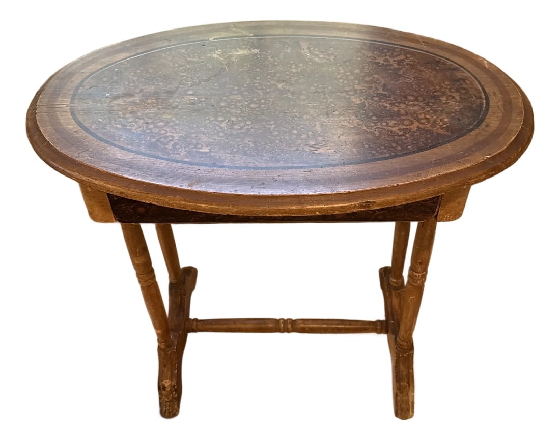 Antique Victorian Cottage Handpainted Side Table: This is a sweet little Victorian cottage side table with hand painted tortoiseshell detail on the top and the front of the drawer. It is quite old, most likely from the 1850s, and wears its age