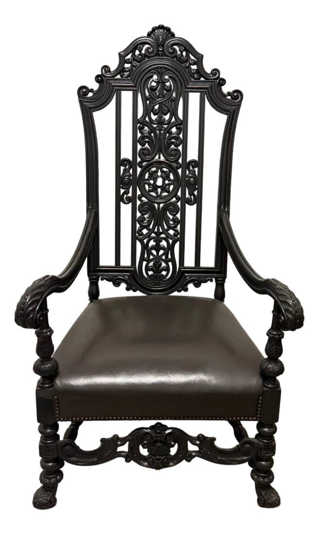 Late 19th Century Ornately Carved Renaissance Revival Accent Chair, Throne Style: Late 19th - early 20th century Renaissance Revival accent chair with richly carved high back, pierced foliate splat, and shell crest. Features scrolled arms, turned legs with stretcher base, and a