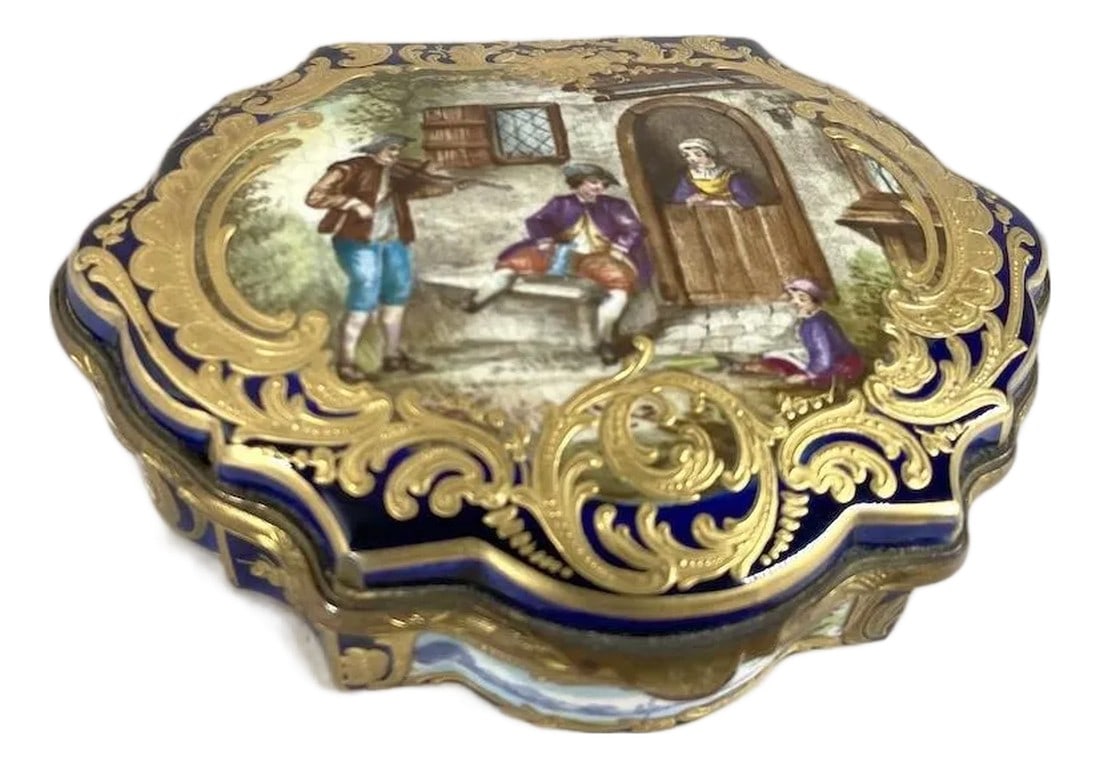 19thC French Sevres Royal Blue Gold Porcelain Box: Date/Period: 19th Century (c. 1840) Maker/Brand: Sevres, France Style: Louis XVI / Neoclassical / Romantic French Decorative Arts Color: Royal Blue with Hand-Painted Scenic Lid & Gold Gilt Details