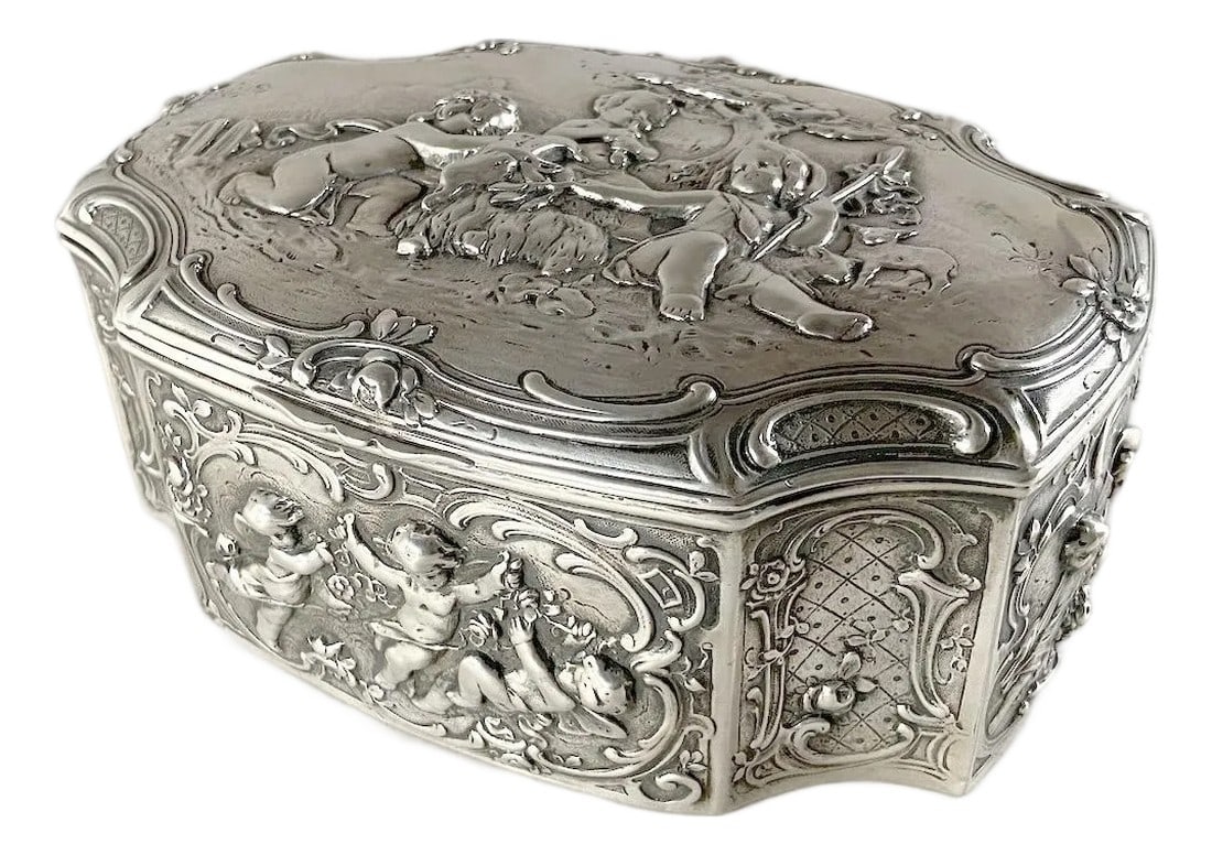 Late 19th C German Rococo Silver Repousse Trinket Box: Date/Period: Late 19th Century Maker/Brand: Likely Hanau Workshop (RSS or HSS hallmark) Style: Rococo Revival / Romantic Decorative Arts Color: Silver with Natural Aged Patina Material: Solid 800