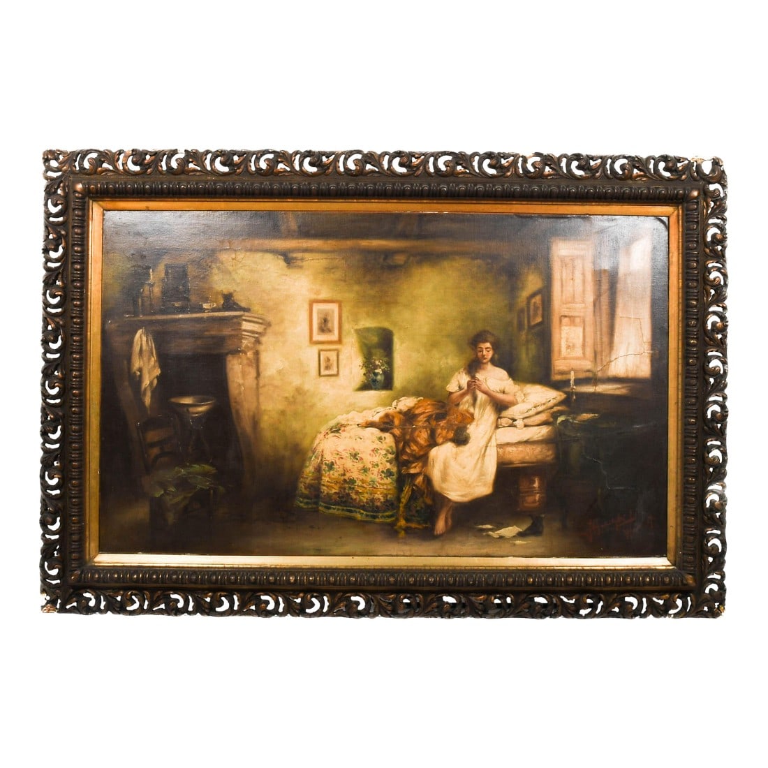 Antique Framed Signed "Sadness" After Gerolamo Induno: This Antique Framed Signed "Sadness" After Gerolamo Induno (1825-1890) is a poignant and emotive painting that captures a moment of quiet reflection in a rustic bedroom setting. A woman dressed in