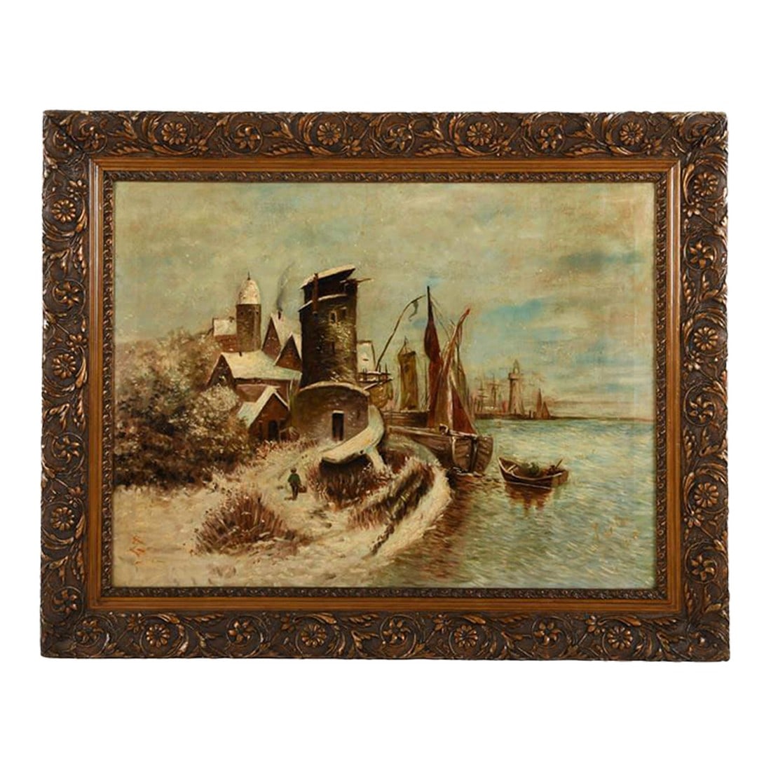 Antique Framed Signed Oil on Canvas Snowy Port: This Antique Framed Signed Oil on Canvas Snowy Port is a serene and nostalgic maritime scene that transports the viewer to a quiet, snow-covered village by the sea. The composition features a rustic