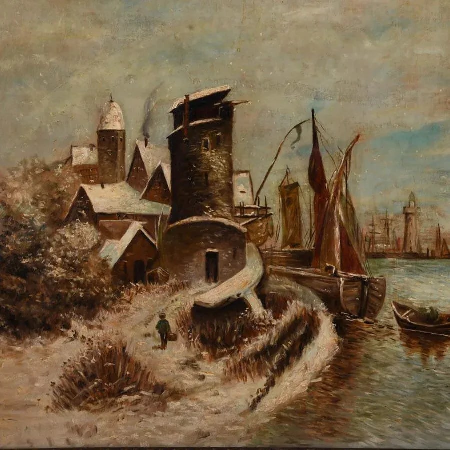 Antique Framed Signed Oil on Canvas Snowy Port - 2