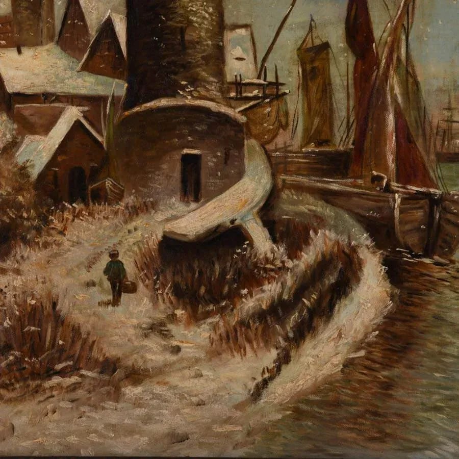 Antique Framed Signed Oil on Canvas Snowy Port - 3
