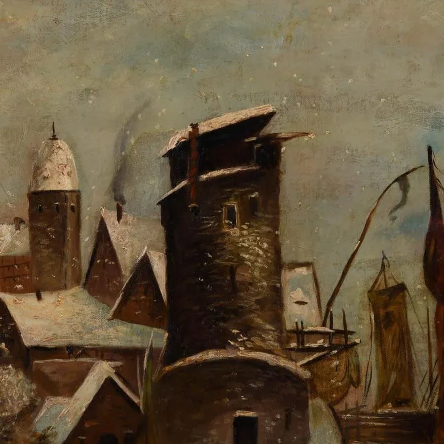 Antique Framed Signed Oil on Canvas Snowy Port - 4