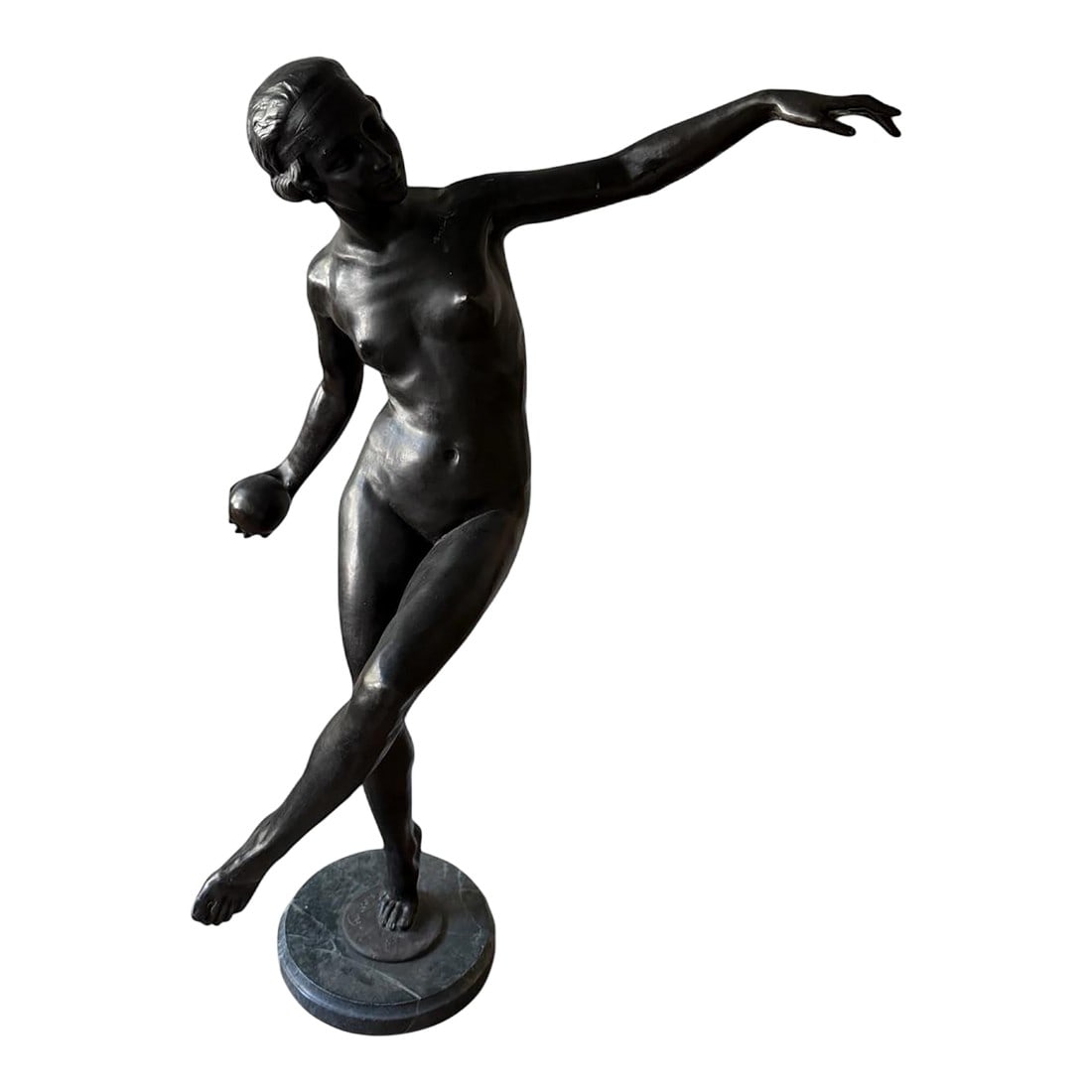 Bronze Sculpture Danseuse a La Boule by Lucien Charles Edouard Alliot. Nude Female Dancer. Is Signed: Danseuse Ã la boule is a notable bronze sculpture created by French artist Lucien Charles Édouard Alliot. Born in 1880 and active into the mid-20th century, Alliot was known for his