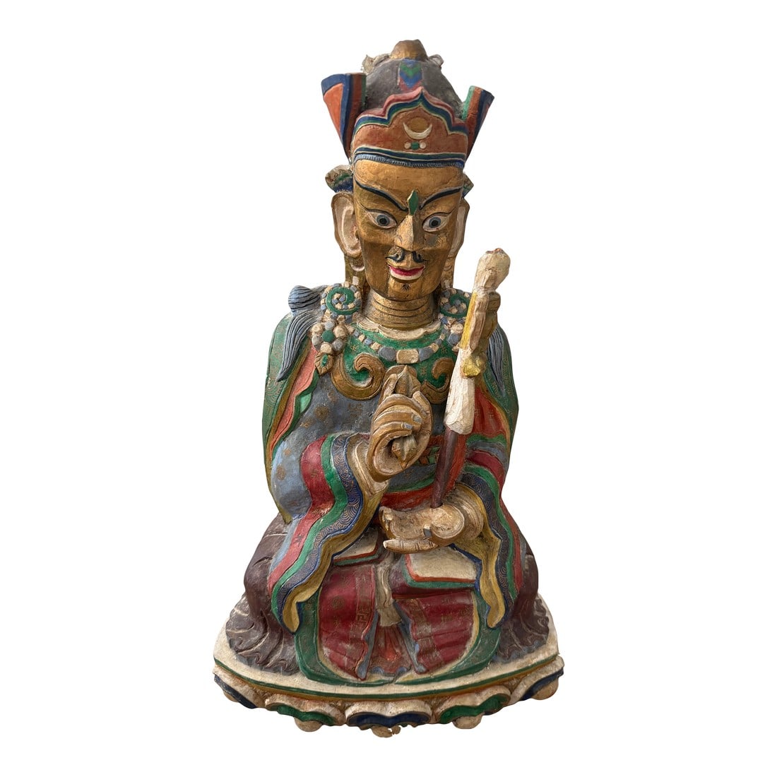 Wooden Polychrome Statue of Karma Paksi the Second Karmapa: Discover the exquisite craftsmanship of this wooden polychrome statue, representing Karma Pakshi, the revered Second Karmapa. This statue is a striking piece of art, embodying rich cultural