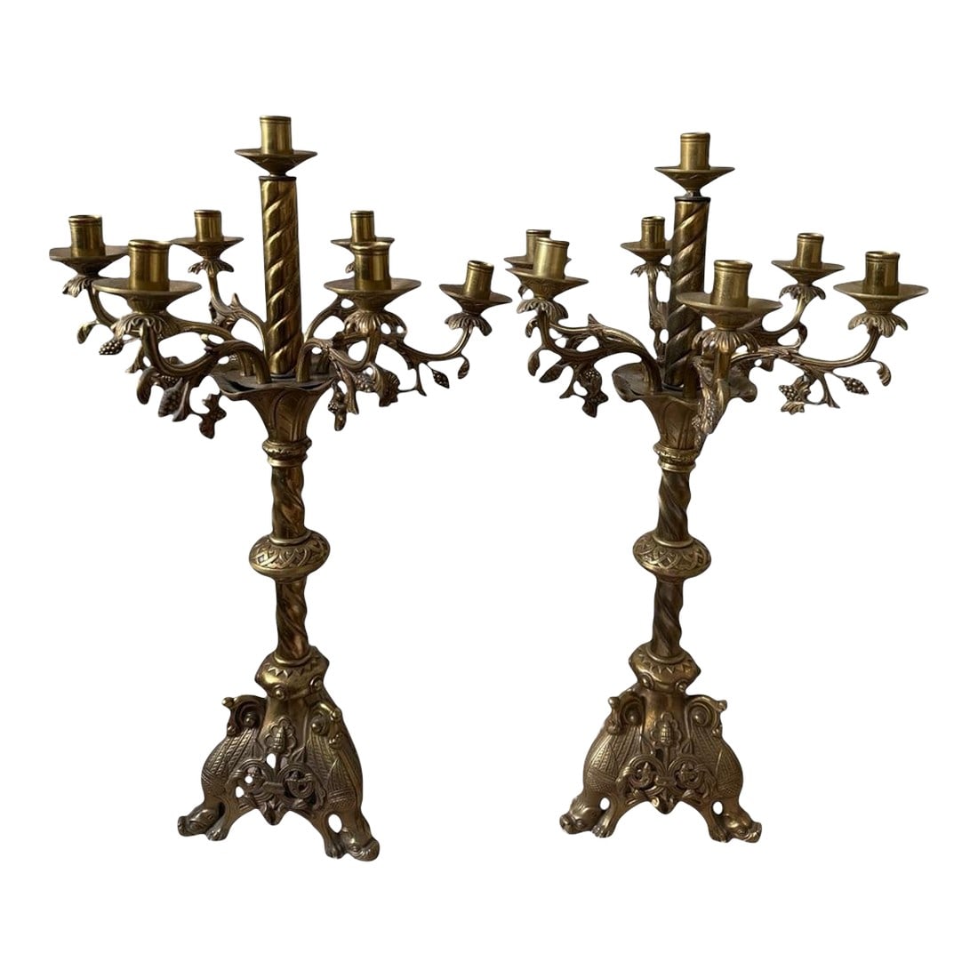 Pair Antique Beaux Arts Bronze Candlesticks. Art Noveau. Semi Nude. Mounts 5 Lights. (1 of 5)