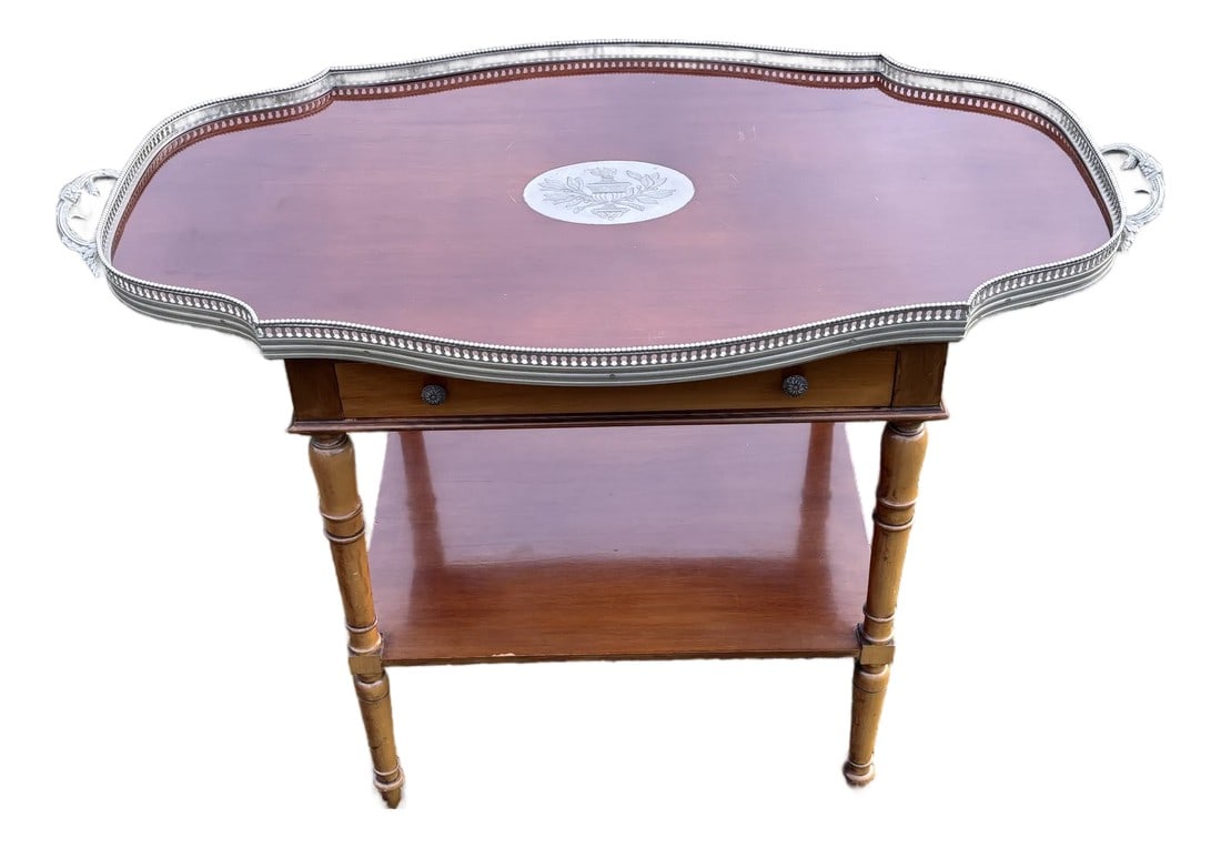 20th C. British Regency Style Butler's Cocktail Serving Tray Table: A truly unusual tray / table combination. UK / British market, 20th Century. Beautiful dark finish solid wood, with finely crafted white metal trims, borders and pulls. 45" wide, 31" tall, 25"