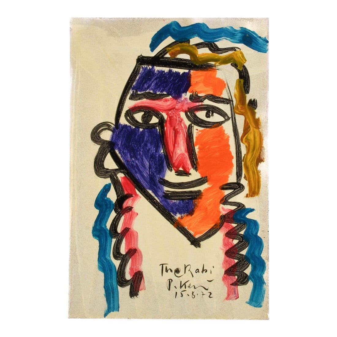 Signed Peter Keil "Rabbi 15-8-72" Mix Media on Masonite: Bold, unfiltered, and bursting with expression, this mixed media work on masonite by Peter Keil, titled "The Rabbi 15-8-72," exemplifies the artist's raw, emotive style. With sweeping brushstrokes