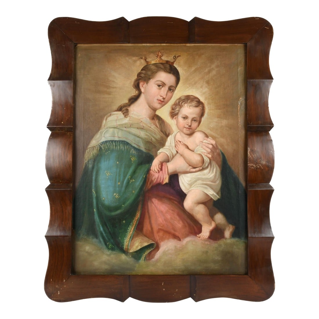 Antique Framed "Our Lady of Refuge" Oil on Canvas: This Antique Framed "Our Lady of Refuge" Oil on Canvas portrays the Virgin Mary crowned and robed in rich green and gold, gently holding the Baby Jesus in her lap. The figures are rendered with soft,