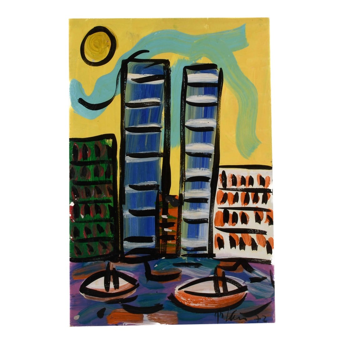 Signed Peter Keil "New-York" Oil on Masonite: In this Signed Peter Keil "New-York" Oil on Masonite, reimagines the cityscape with his unmistakable vibrancy and unfiltered spontaneity. With towering structures rendered in bold blue and black, set