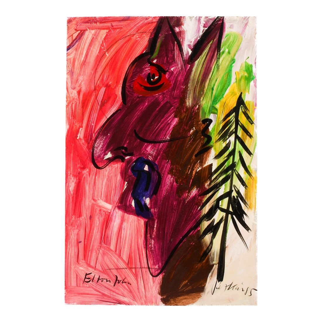 Signed Peter Keil "Elton John" Oil on Masonite: In "Elton John," Peter Keil captures the larger-than-life energy of the iconic performer through bold color, expressive brushwork, and instinctive form. Painted in oil on masonite and signed by the