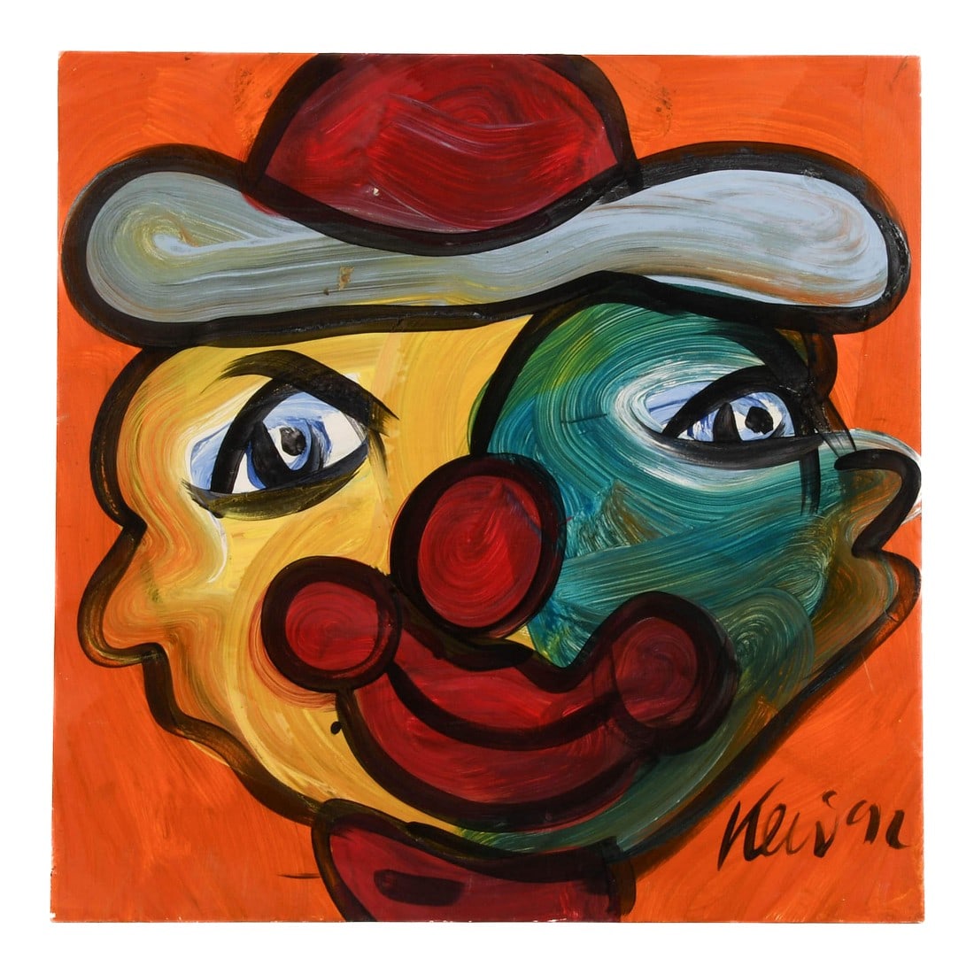 Signed Peter Keil "Clown in Contrast 1991" Oil on Masonite: This Signed Peter Keil "Clown in Contrast 1991" Oil on Masonite, delivers a bold, surreal take on the classic clown figure, infusing it with unexpected emotion and undeniable energy. The work plays