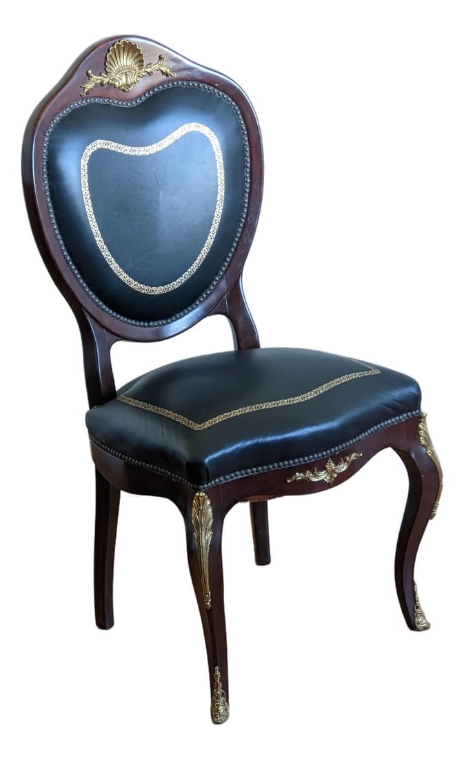 Heart Shape Late 18th Century Beautiful Wood, Brass, Leather Chair: Beautiful vintage Victorian hard to find 18th century chair with wood brass and leather brings class and love to any living room. Condition: Alterations: Original Condition Unaltered Imperfections: