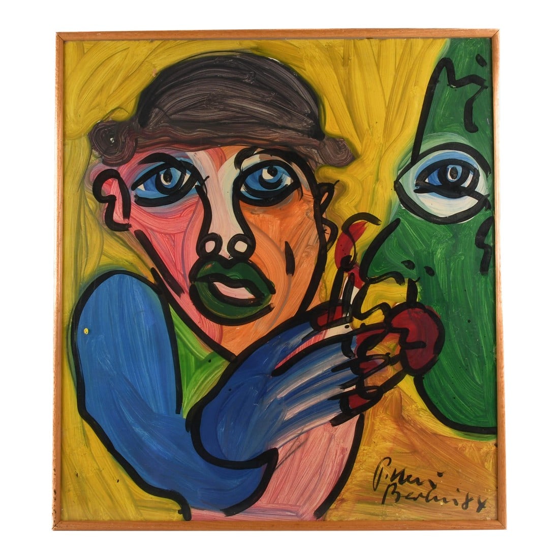 Framed Signed Peter Keil "The Green Confidant" Oil on Masonite: This Framed Signed Peter Keil "The Green Confidant" Oil on Masonite is a vivid dialogue rendered in pure color and motion. This mixed media on masonite captures an intimate moment. One figure