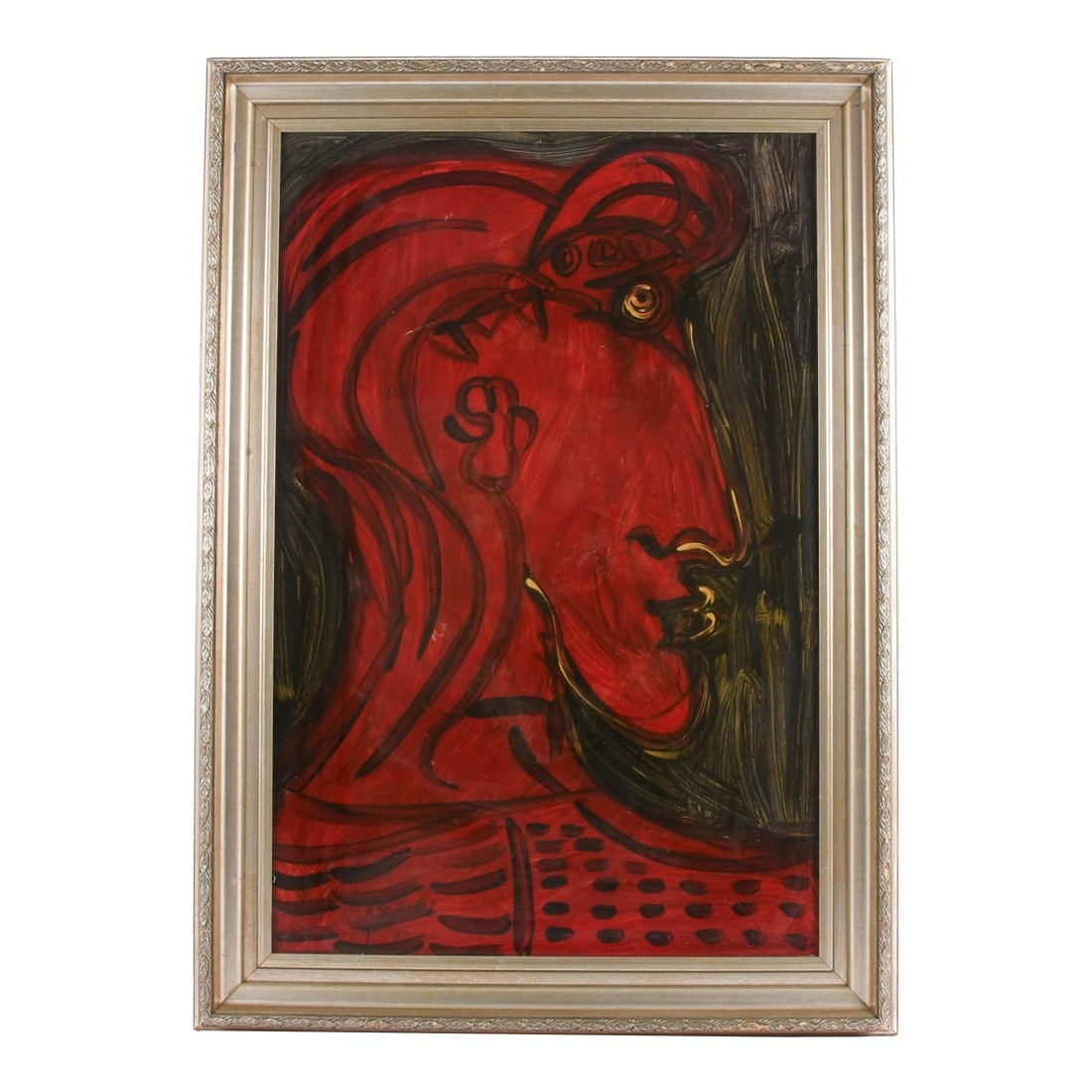 Signed Peter Keil "My Friend Jatamas 1963" Oil on Masonite: Framed and signed, Peter Keil's "My Friend Jatamas 1963" is a bold, arresting tribute to character and identity, rendered in a palette of deep reds and somber blacks. The figure's strong profile,