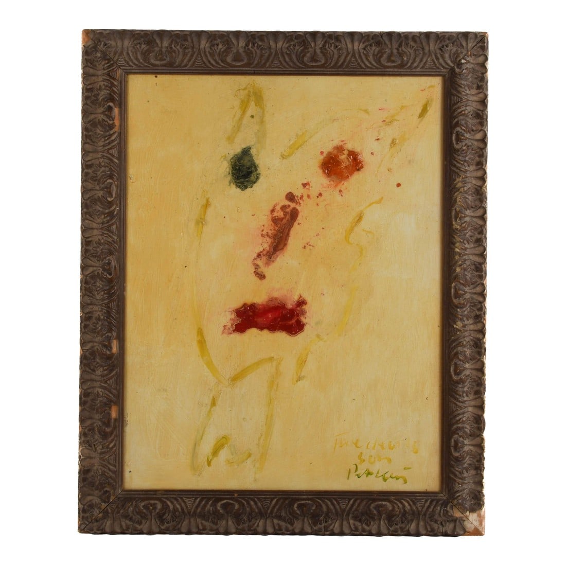 Framed Signed Peter Keil "The Devil's Son" Oil on Masonite: This Framed Signed Peter Keil "The Devil's Son" Oil on Masonite is a striking example of emotional restraint and abstract portraiture. With just a few deliberate strokes, a bold red mouth, a black