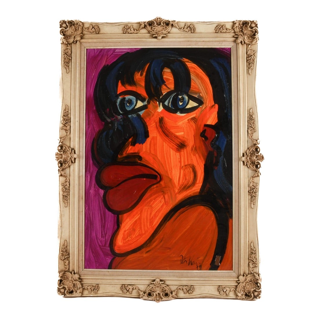 Framed Signed Peter Keil "Mick Jagger 79" Oil on Masonite: Titled "Mick Jagger 79," this framed and signed oil on masonite by Peter Keil channels the rock icon's energy through an explosion of color and unapologetic form. Set in an ornate, classical frame,