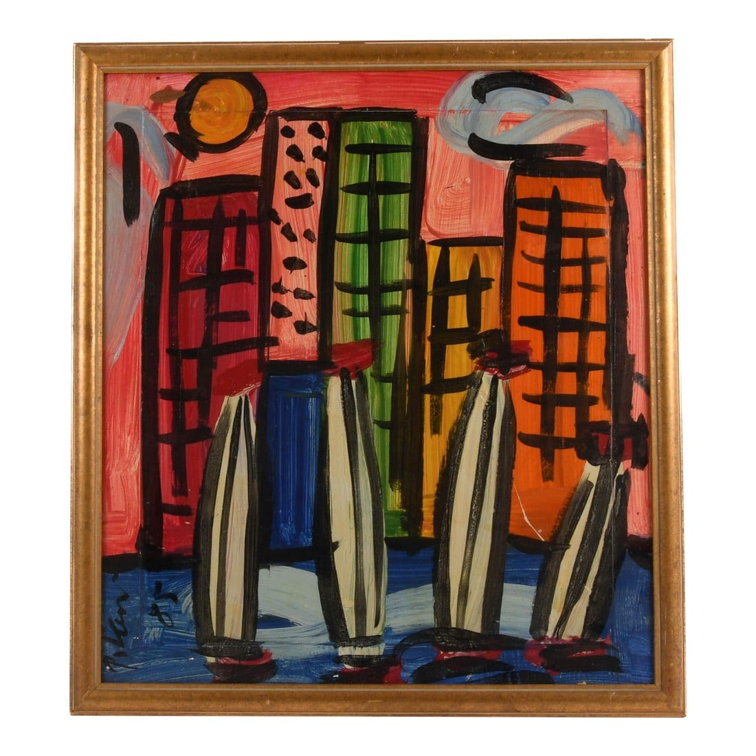 Signed Peter Keil "Boats, Buildings, and Brushstrokes" Oil on Masonite: This framed signed Peter Keil "Boats, Buildings, and Brushstrokes" oil on masonite is a dynamic, cityscape dream pulsing with color and movement. The composition features towering buildings in vivid