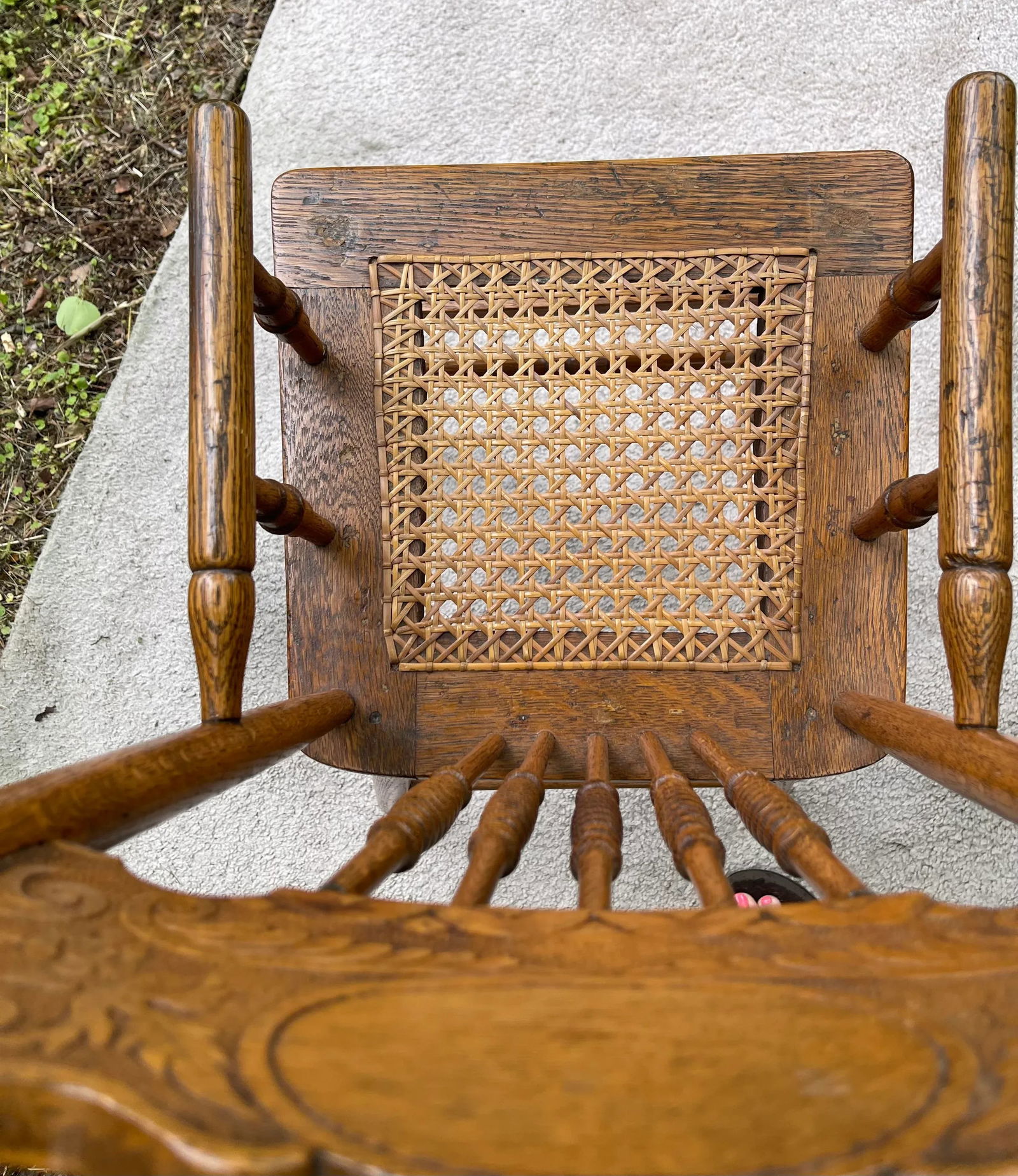 Antique Victorian Oak Children's High Chair W Pressed Back and Caned Seat - 2