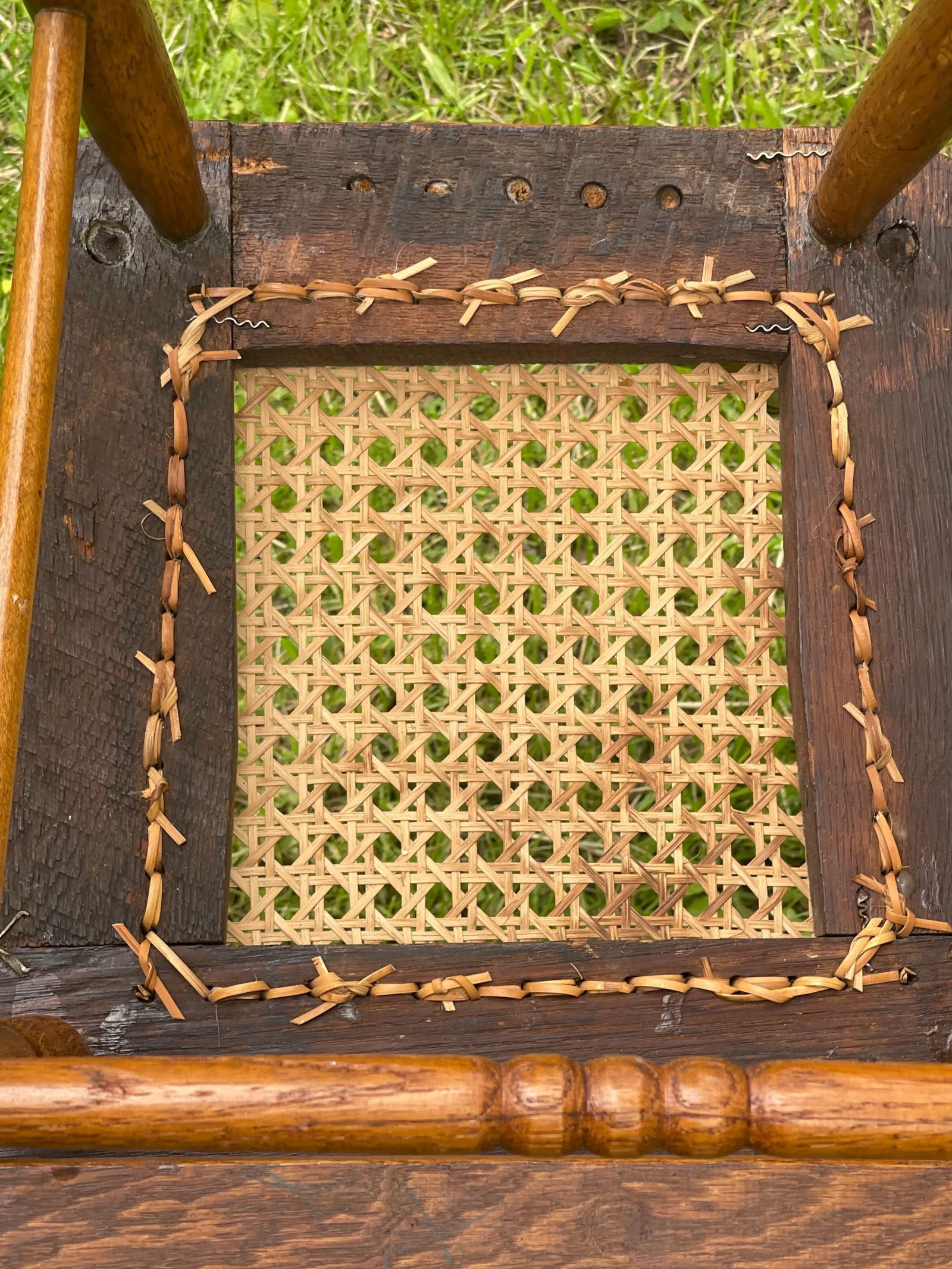 Antique Victorian Oak Children's High Chair W Pressed Back and Caned Seat - 4